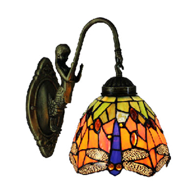 Orange Dome Sconce Light Baroque 1 Head Stained Glass Wall Light Fixture with Dragonfly Pattern