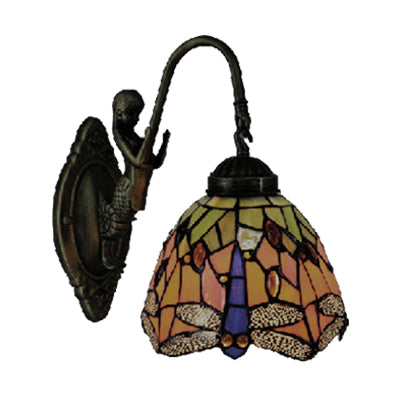 Orange Dome Sconce Light Baroque 1 Head Stained Glass Wall Light Fixture with Dragonfly Pattern