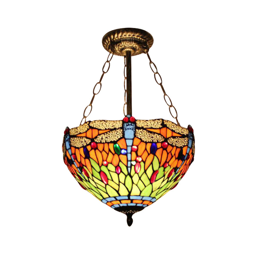 LED de iluminación de techo de estilo barroco, luz de semi-descarga de dragonfly en latón envejecido con sombra de vidrio manchado para dormitorio