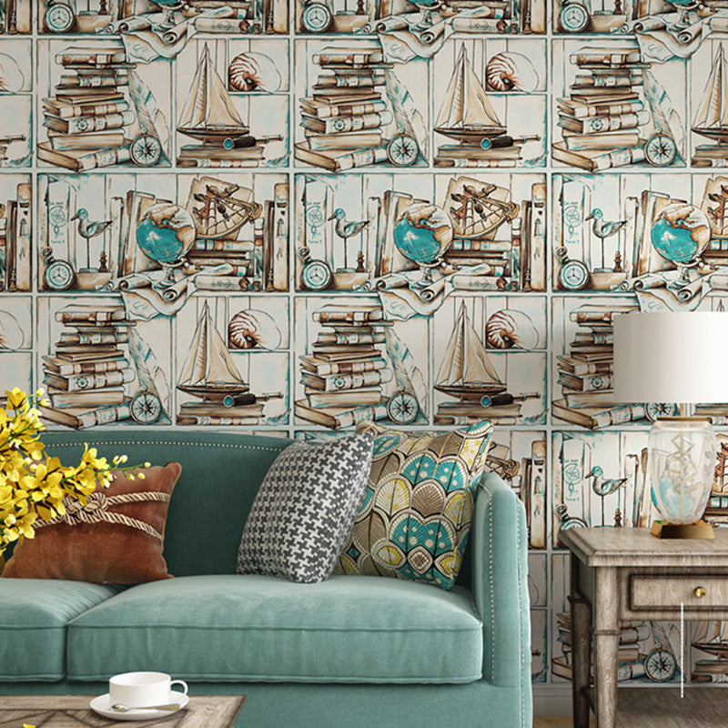 Pastelkleurig retro wanddecoratie 20,5"W x 33'L zeilboot en boekenbehang voor woonkamer