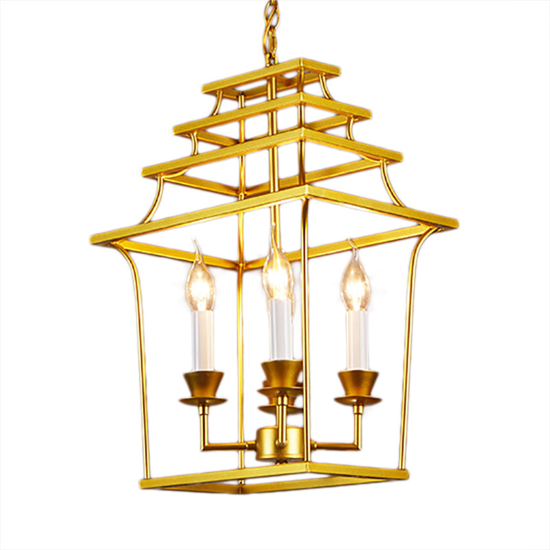 Golden Lantern Cage Hanging Lamp Vintage Stylish Metal 4 Lights Living Room Pendant Lighting