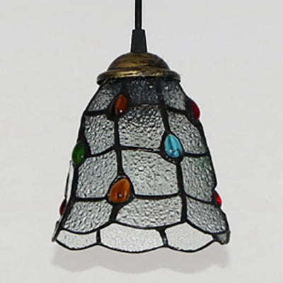 Clear Hand Cut Glass Trumpet Ceiling Lamp Tiffany 1 Head Hanging Pendant Light with Colorful Bead
