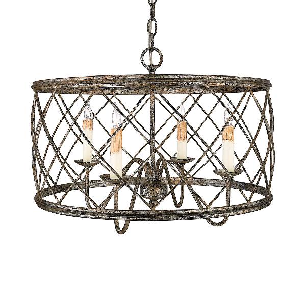 Silver 4 LICTS SILTS LAMPE CHANDELER LAMPE ANTIQUE PRENDANT MÉTALLIQUE X-Cage avec ombre à tambour pour le foyer