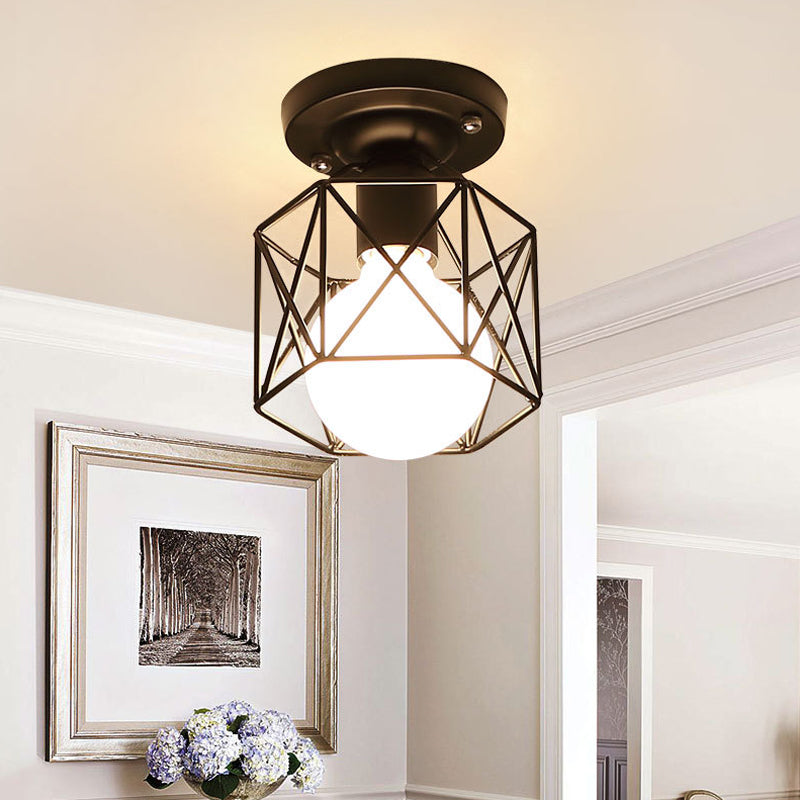 Black Hexagon Cage Flush Mount Lighting Modern Iron 1 Bulb Kitchen Flushmount Ceiling Lamp