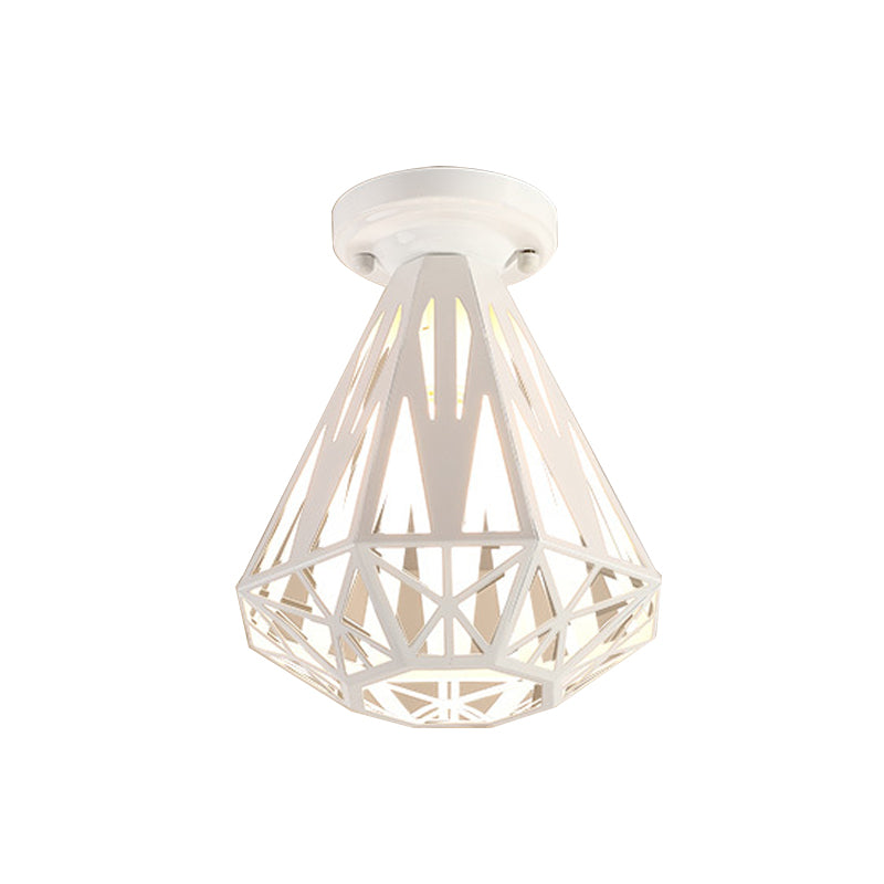 1-Light Flush Mount Ceiling Light Fixture Simple Small Diamond Cage Iron Flushmount in Black/White