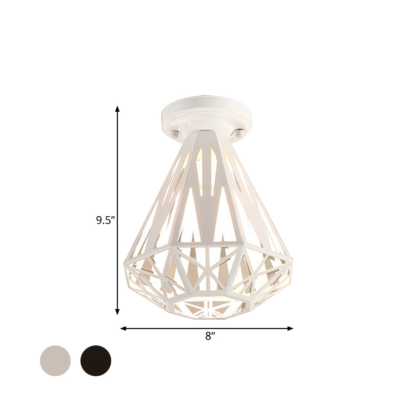 1-Light Flush Mount Ceiling Light Fixture Simple Small Diamond Cage Iron Flushmount in Black/White