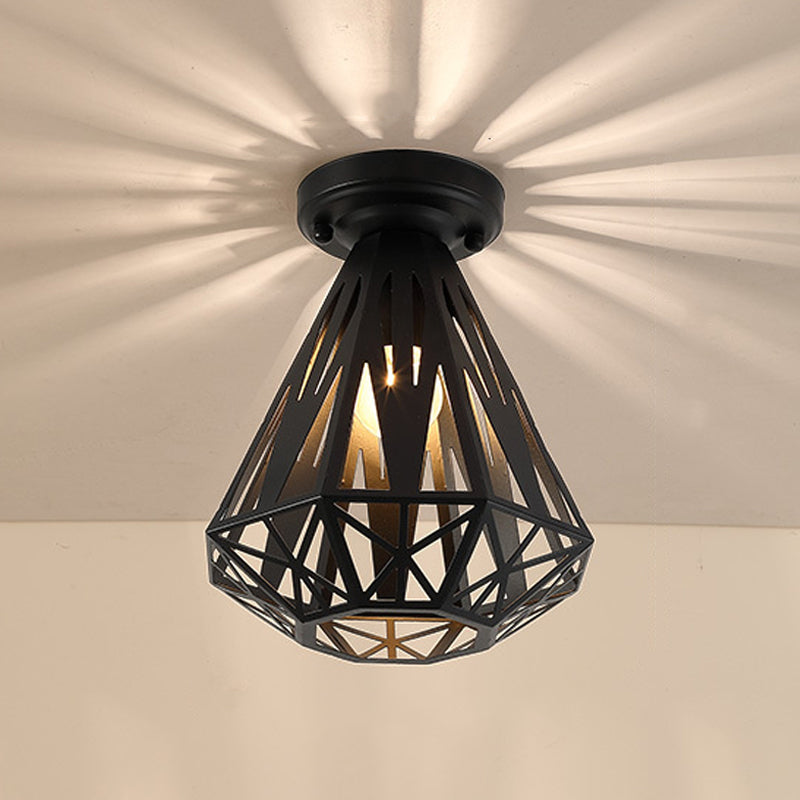 1-Light Flush Mount Ceiling Light Fixture Simple Small Diamond Cage Iron Flushmount in Black/White