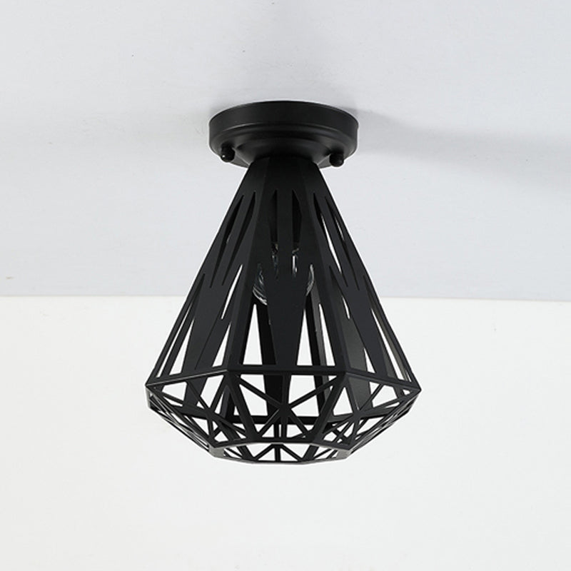 1-Light Flush Mount Ceiling Light Fixture Simple Small Diamond Cage Iron Flushmount in Black/White