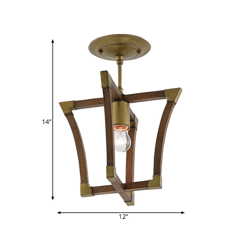 1-Bulb Semi Flush Ceiling Light Rustic Living Room Flush Mount with Wood Interlocking Trapezoid Cage in Brass