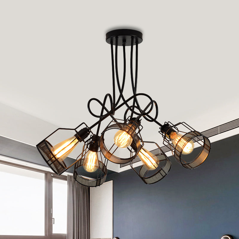 Black 5 Heads Semi Flush Mount Chandelier Industrial Iron Cluster-Bottle Frame Ceiling Light