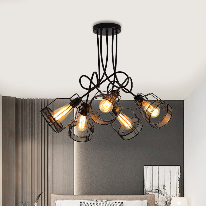 Black 5 Heads Semi Flush Mount Chandelier Industrial Iron Cluster-Bottle Frame Ceiling Light