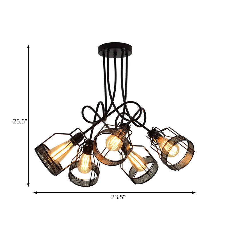 Black 5 Heads Semi Flush Mount Chandelier Industrial Iron Cluster-Bottle Frame Ceiling Light