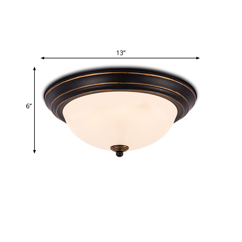 Countryside Semi-Sphere Flush Ceiling Light Milky Glass LED Flush Mount Lighting in Black for Study Room, 13"/15" W