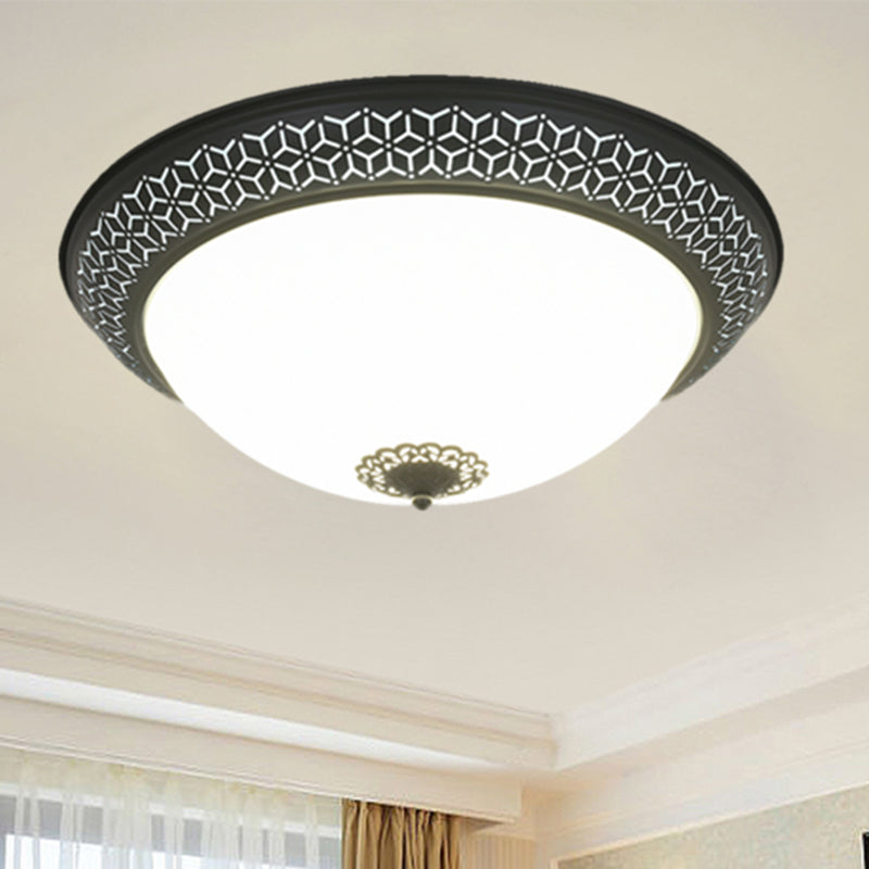 LED Semi-Globe Ceiling Lighting Minimalism Black Opaline Glass Flush Mount with Floral Finial for Bedroom