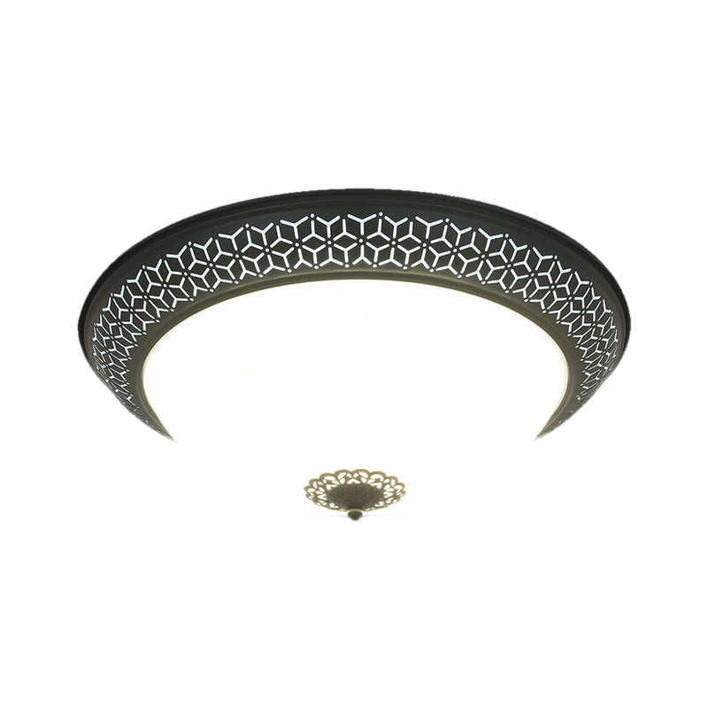 LED Semi-Globe Ceiling Lighting Minimalism Black Opaline Glass Flush Mount with Floral Finial for Bedroom