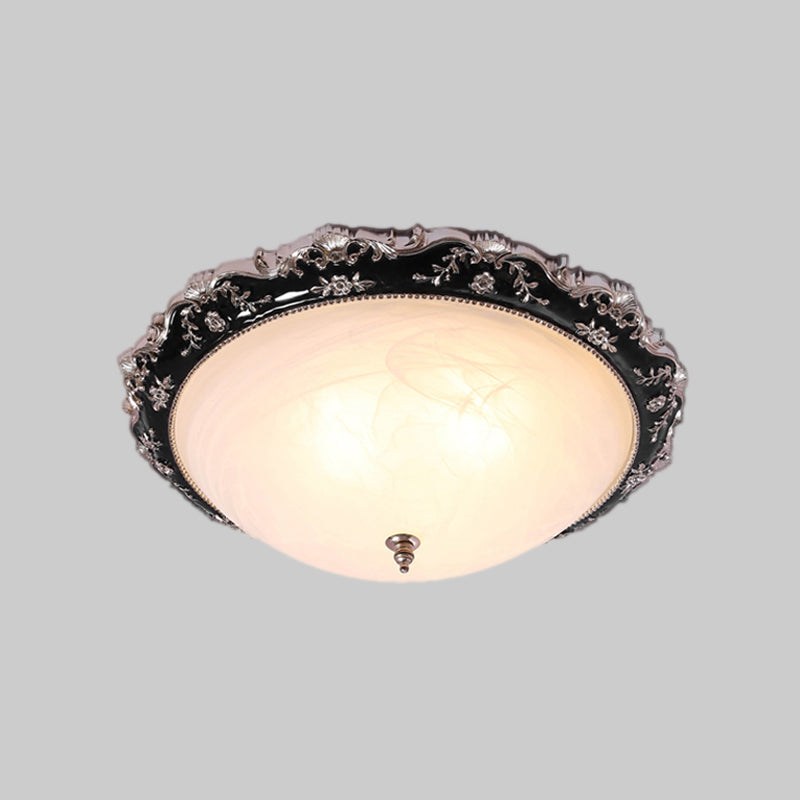 Opal Glass Bowl-Like Ceiling Light Fixture Countryside 1/2-Bulb 14"/19.5" Wide Bedroom Flush Mount Lighting in Black and Gold