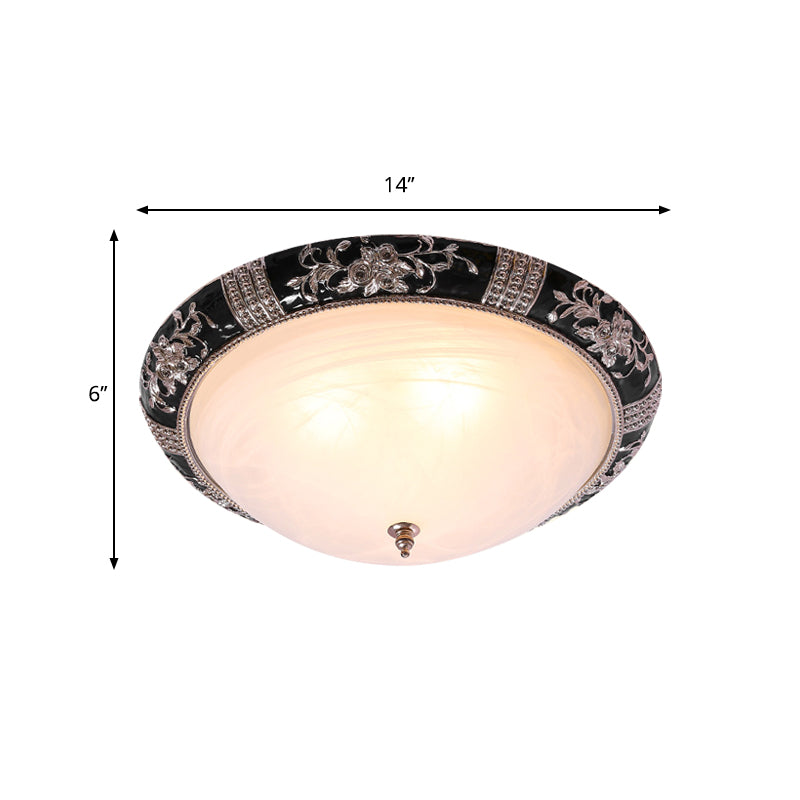 Black-Gold Semi-Orb Flush Mount Lamp Classic Satin Glass 1/2-Light 14"/19.5" W Hallway Ceiling Fixture