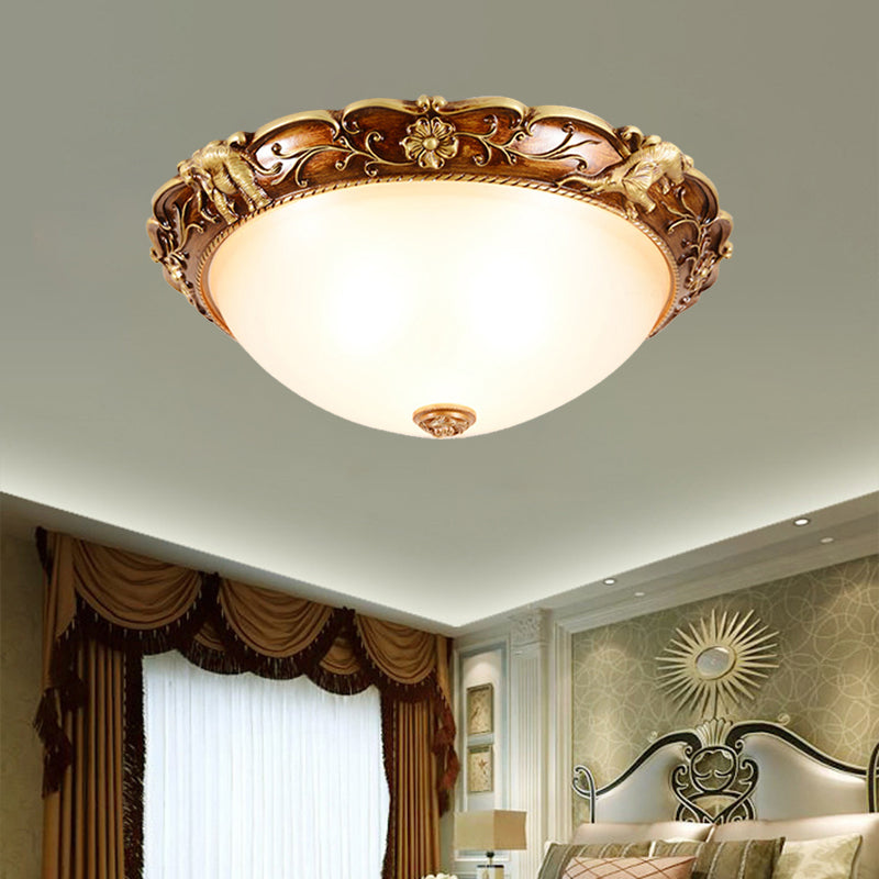 3 Heads Flush Mount Fixture Traditional Bowl White Glass Ceiling Lighting with Flowers and Elephants Deco in Brown