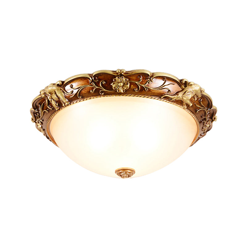 3 Heads Flush Mount Fixture Traditional Bowl White Glass Ceiling Lighting with Flowers and Elephants Deco in Brown