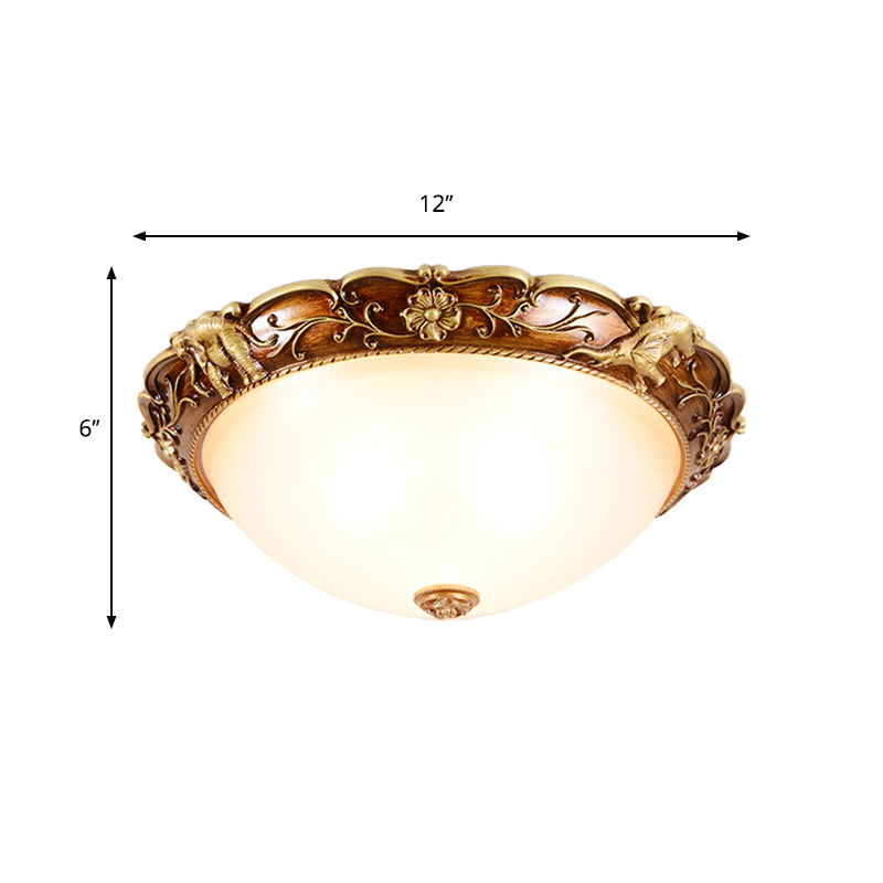 3 Heads Flush Mount Fixture Traditional Bowl White Glass Ceiling Lighting with Flowers and Elephants Deco in Brown