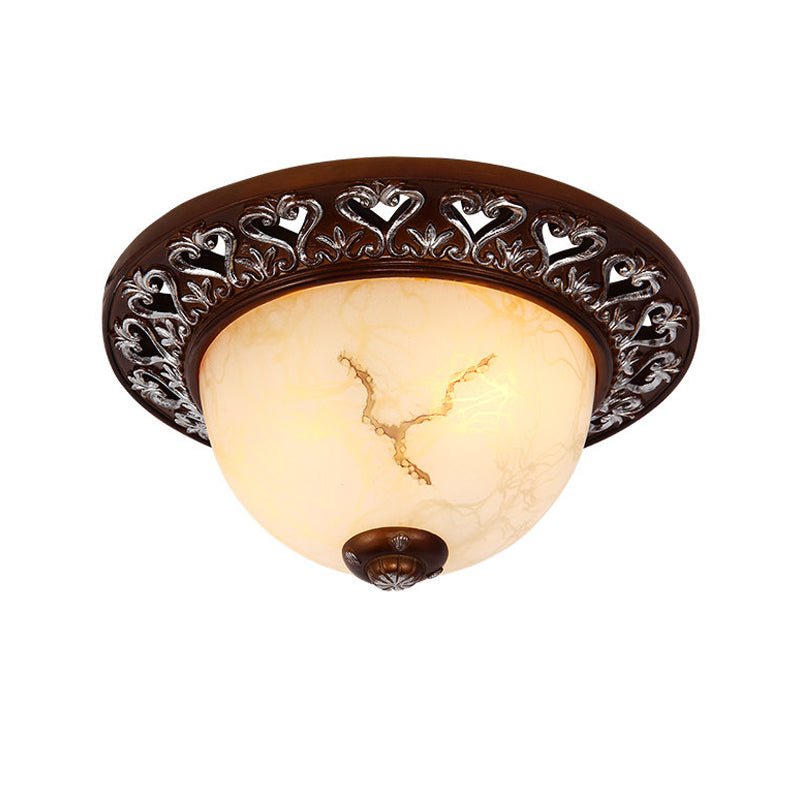 Retro Bowl-Like Flush Mounted Light 2/3/4-Bulb Crackle Glass Ceiling Fixture in Coffee for Balcony, 12"/16"/19.5" W