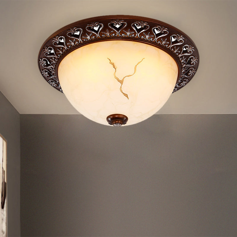 Retro Bowl-Like Flush Mounted Light 2/3/4-Bulb Crackle Glass Ceiling Fixture in Coffee for Balcony, 12"/16"/19.5" W