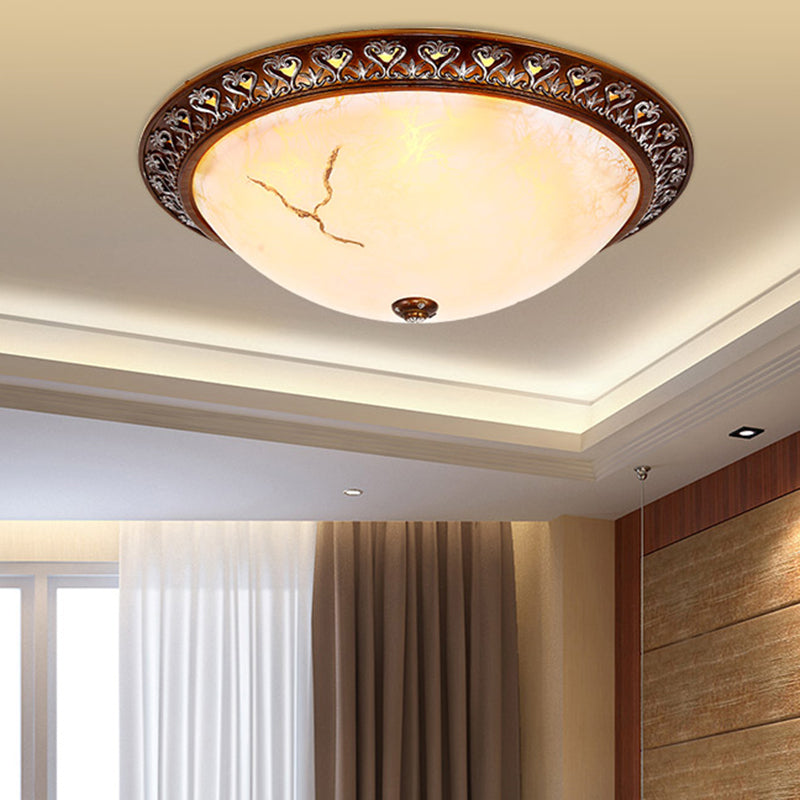Retro Bowl-Like Flush Mounted Light 2/3/4-Bulb Crackle Glass Ceiling Fixture in Coffee for Balcony, 12"/16"/19.5" W