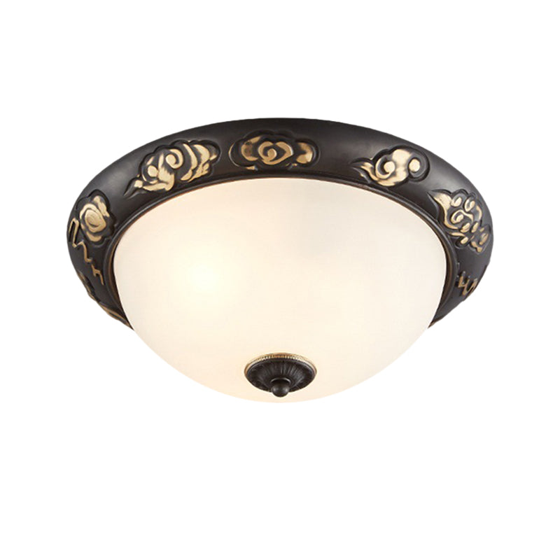 15"/19.5" Wide Milk Glass Black-Gold Ceiling Lamp Dome Shape 3/4 Lights Retro Flush Mount Fixture for Bedroom