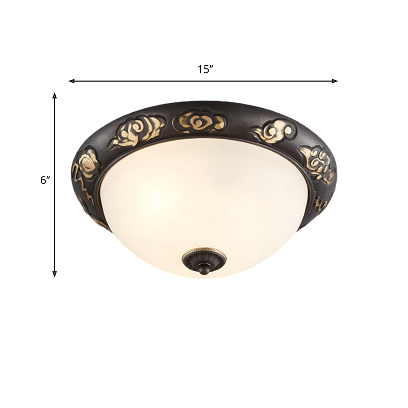 15"/19.5" Wide Milk Glass Black-Gold Ceiling Lamp Dome Shape 3/4 Lights Retro Flush Mount Fixture for Bedroom