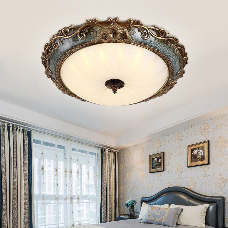 Resin Brass Flush Mount Lighting Round Shape 12"/16"/19.5" W 2/3-Light Rustic Ceiling Lamp with Floral Pedestal