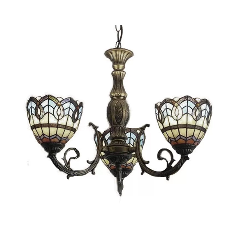 Tiffany Style Chandelier Living Room Lamp, 3 Lights Art Glass Pendant Lighting in Aged Brass with Bell Shade