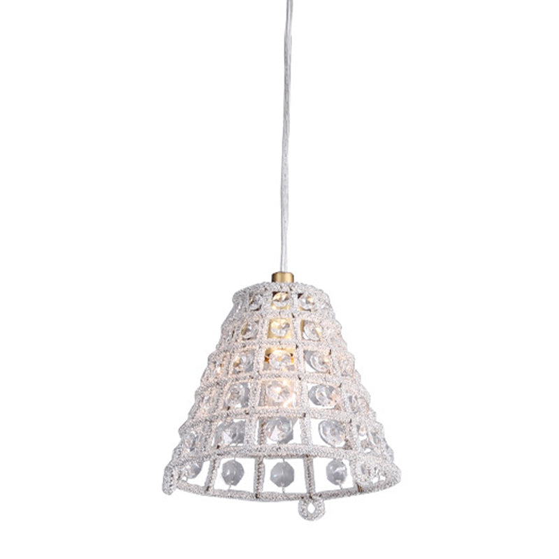 Cone Cage Ceiling Pendant Light Modernist Crystal Bead 1 Bulb Bedroom Pendulum Lamp in Gold
