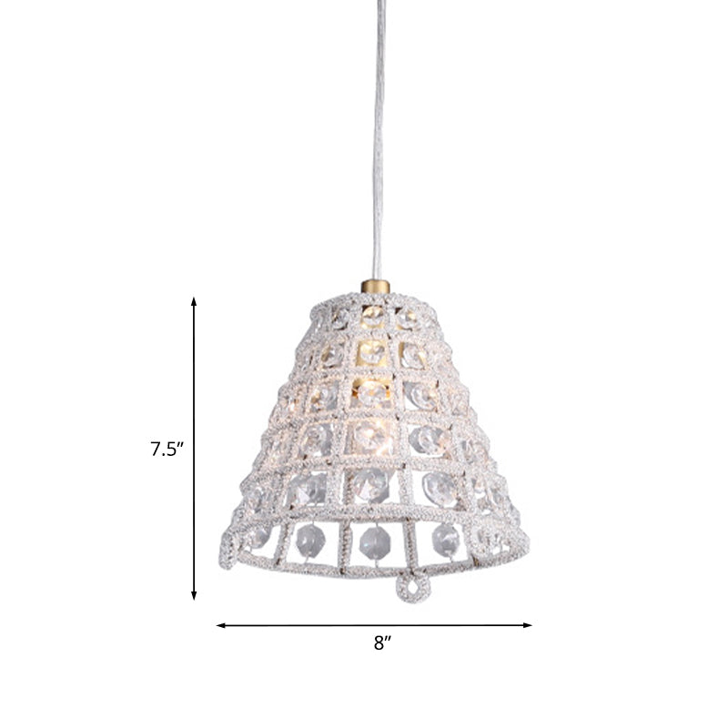 Cone Cage Ceiling Pendant Light Modernist Crystal Bead 1 Bulb Bedroom Pendulum Lamp in Gold