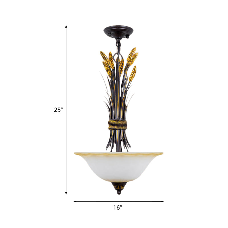 Bowl Shape Bedroom Chandelier Light Traditional Opal Glass 3 Bulbs Black-Gold Hanging Lamp with Wheat Deco