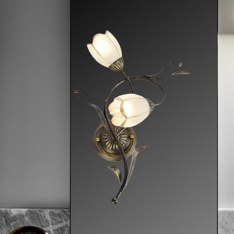 Iluminación de apliques de pared de flores vintage 2 cabezas Luz de pared de vidrio esmerilado en bronce para sala de estar, derecha/izquierda