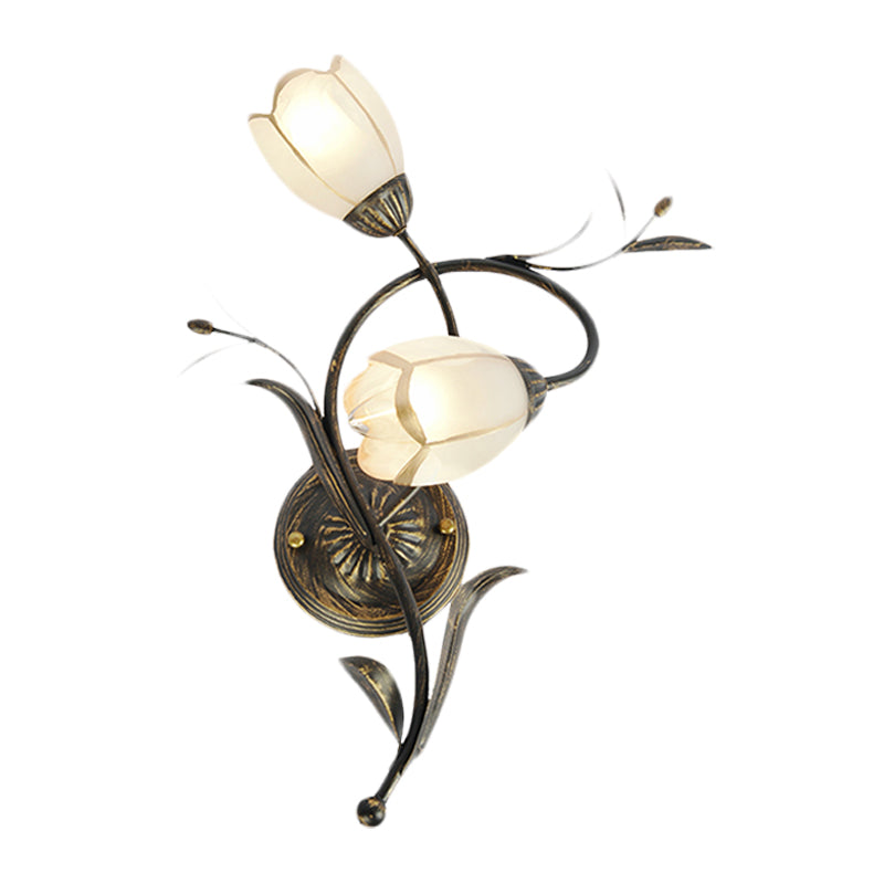 Iluminación de apliques de pared de flores vintage 2 cabezas Luz de pared de vidrio esmerilado en bronce para sala de estar, derecha/izquierda