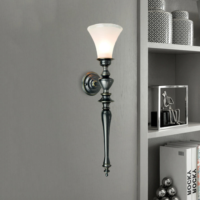 1 Bulb Sconce Light Fixture with Tapered Milky Glass Vintage Wall Mount Lamp in Black