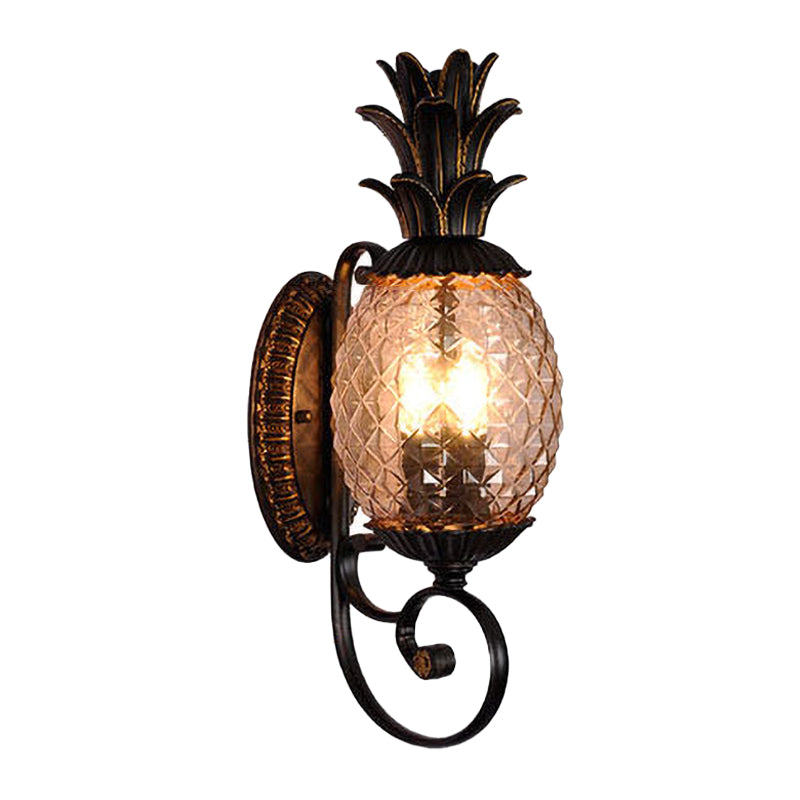 Black 3-Light Wall Sconce Vintage Lattice Glass Pineapple Shape Wall Mount Lighting with Swirled Arm