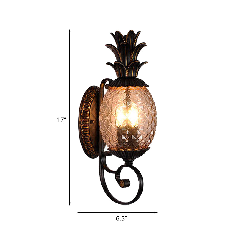 Black 3-Light Wall Sconce Vintage Lattice Glass Pineapple Shape Wall Mount Lighting with Swirled Arm