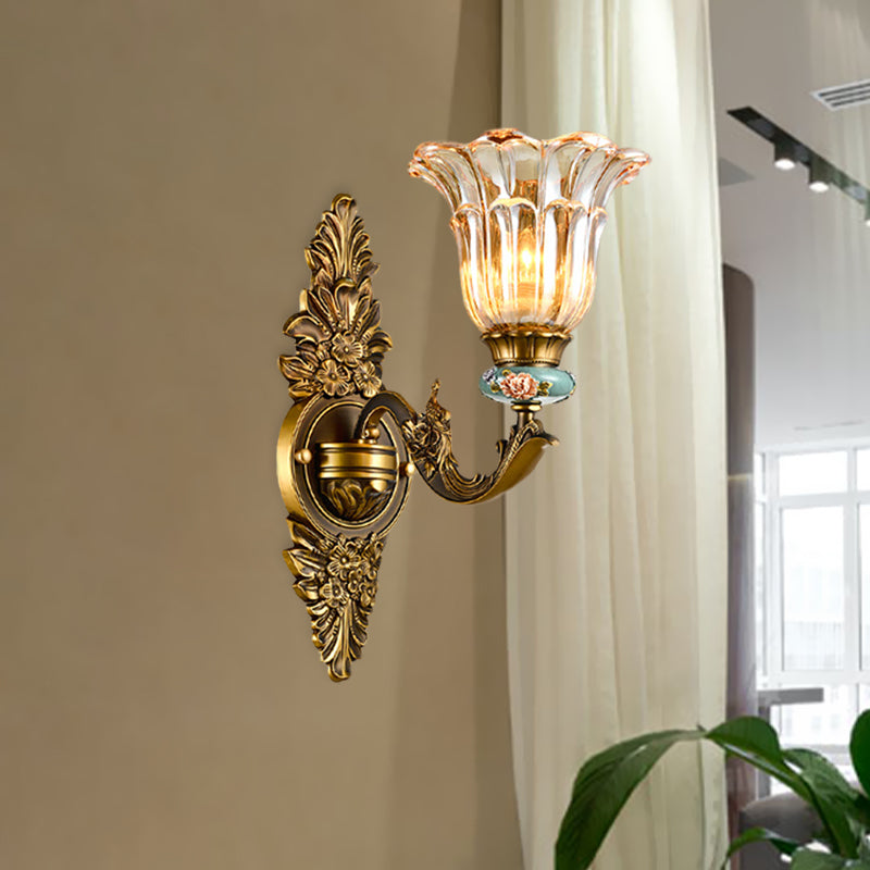 Brass 1/2 Heads Sconce Light Retro Style Ribbed Glass Flower Wall Mount Lamp with Swooping Arm