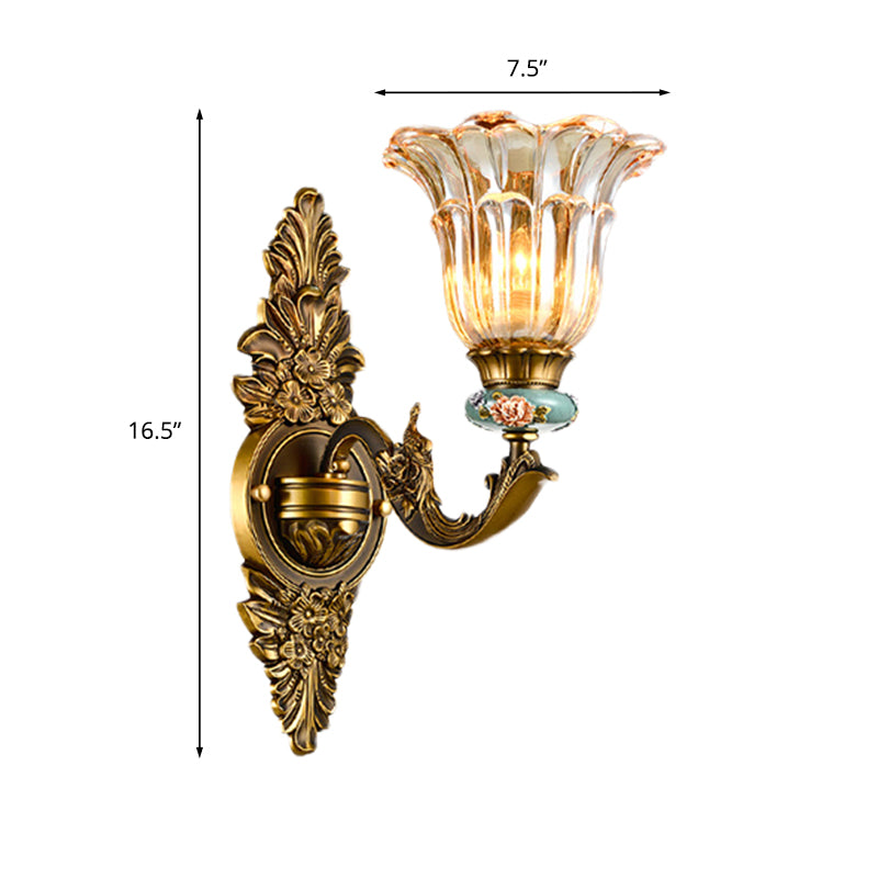 Brass 1/2 Heads Sconce Light Retro Style Ribbed Glass Flower Wall Mount Lamp with Swooping Arm