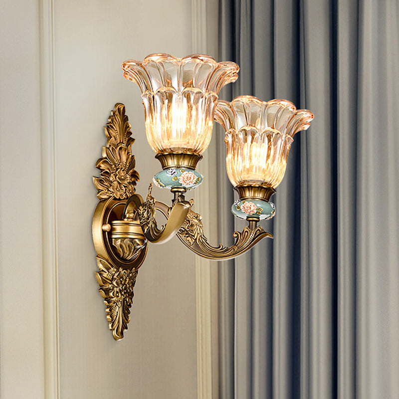 Brass 1/2 Heads Sconce Light Retro Style Ribbed Glass Flower Wall Mount Lamp with Swooping Arm