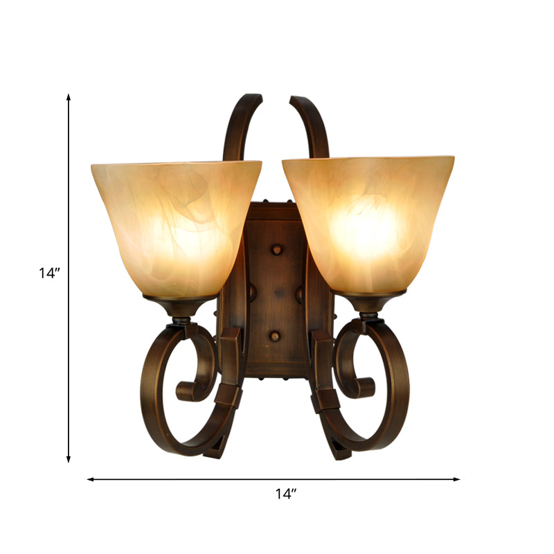 Minimalism Tapered Sconce Lighting 2 Lights Crackled Glass Wall Lamp Fixture with Scrolled Arm in Bronze