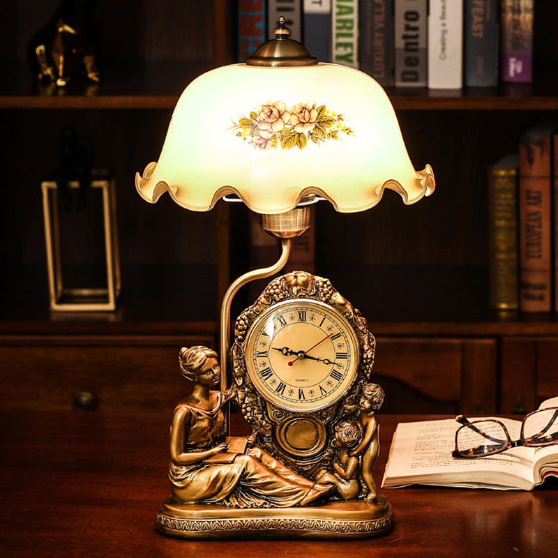 Brass 1 Head Scalloped Table Lamp Vintage Opaline Glass Bowl Reading Book Light with Clock and Woman Deco