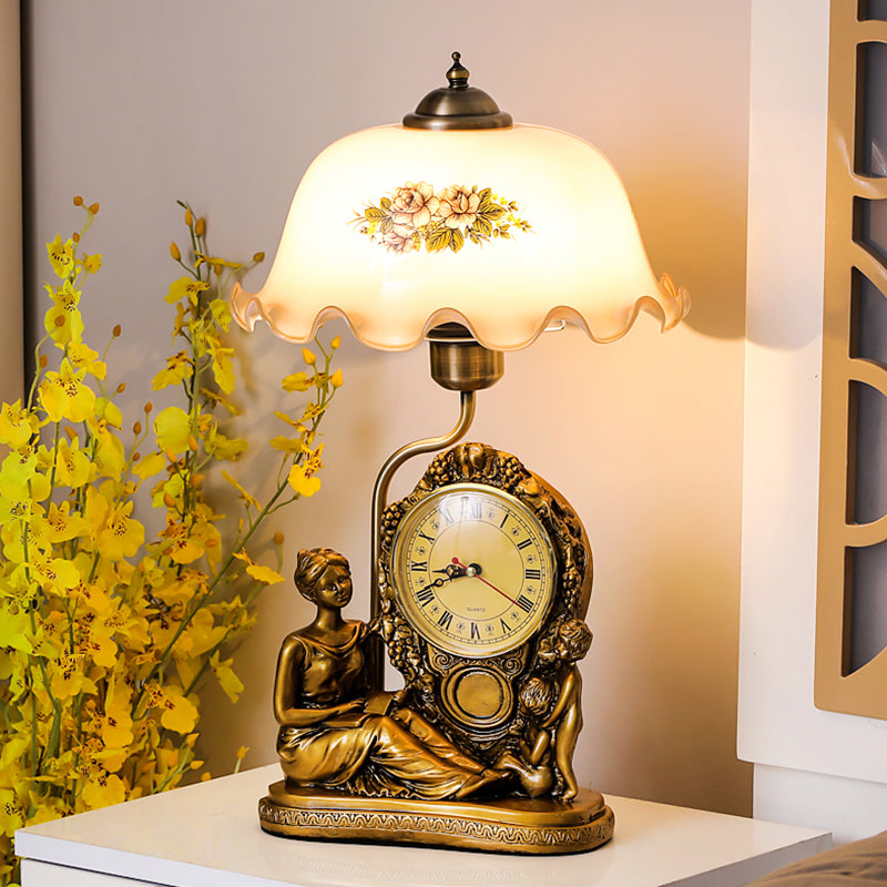 Brass 1 Head Scalloped Table Lamp Vintage Opaline Glass Bowl Reading Book Light with Clock and Woman Deco
