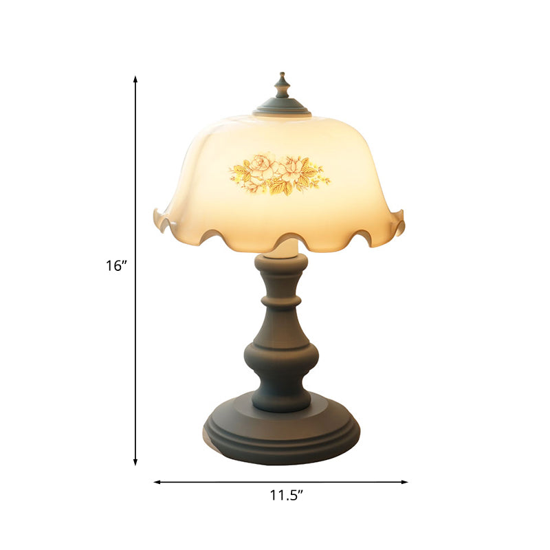 Lampada da comodino floreale blu a 1 testa Lampada da tavolo a cupola in vetro opale minimalista con base a balaustra