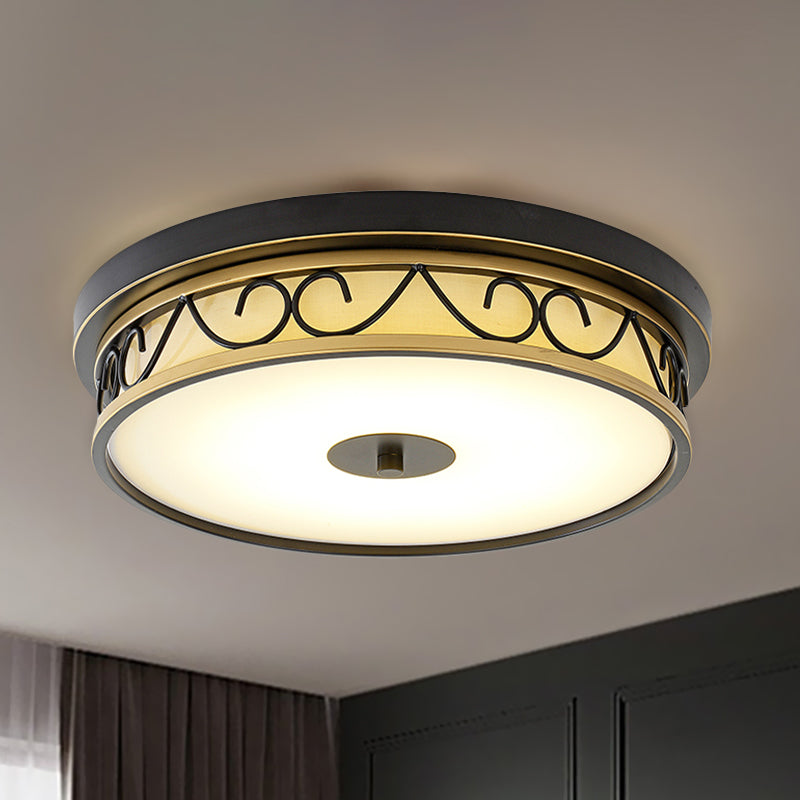 LED Drum Flush Mount Lamp Traditional Black Frosted Glass Ceiling Mounted Light for Living Room