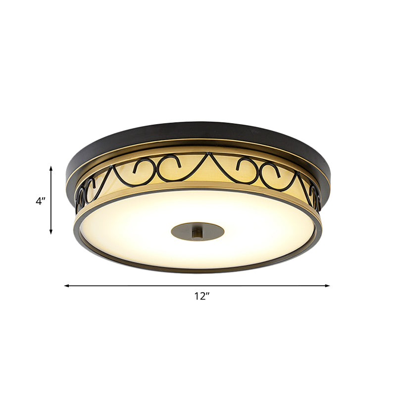 LED Drum Flush Mount Lamp Traditional Black Frosted Glass Ceiling Mounted Light for Living Room