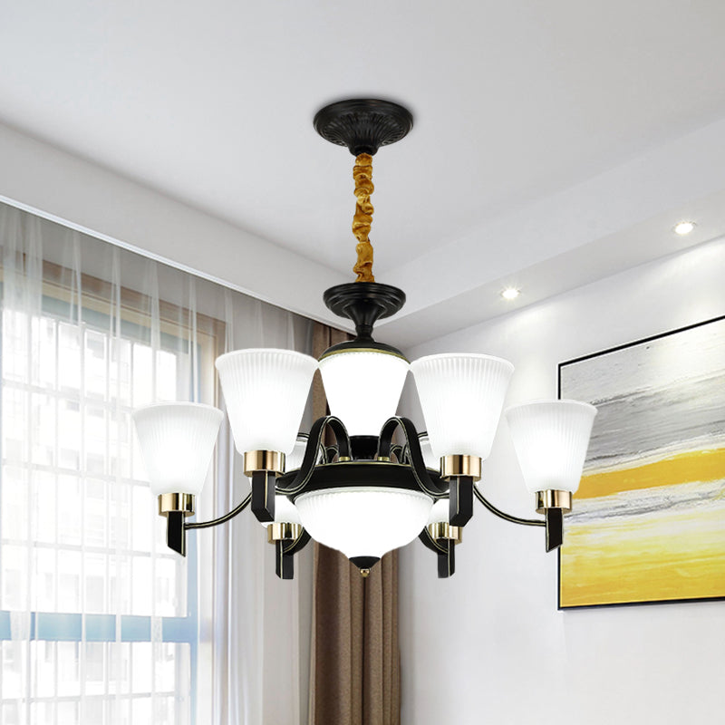 6/8 têtes Conical Chandelier Light Traditional Black Opal Verre suspendue suspendue avec bras incurvé
