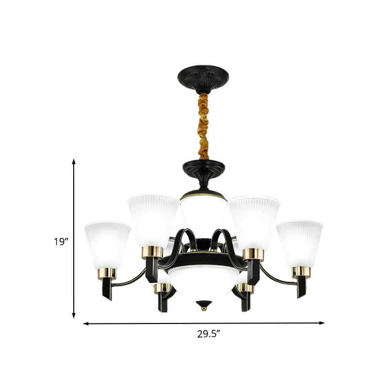 6/8 têtes Conical Chandelier Light Traditional Black Opal Verre suspendue suspendue avec bras incurvé